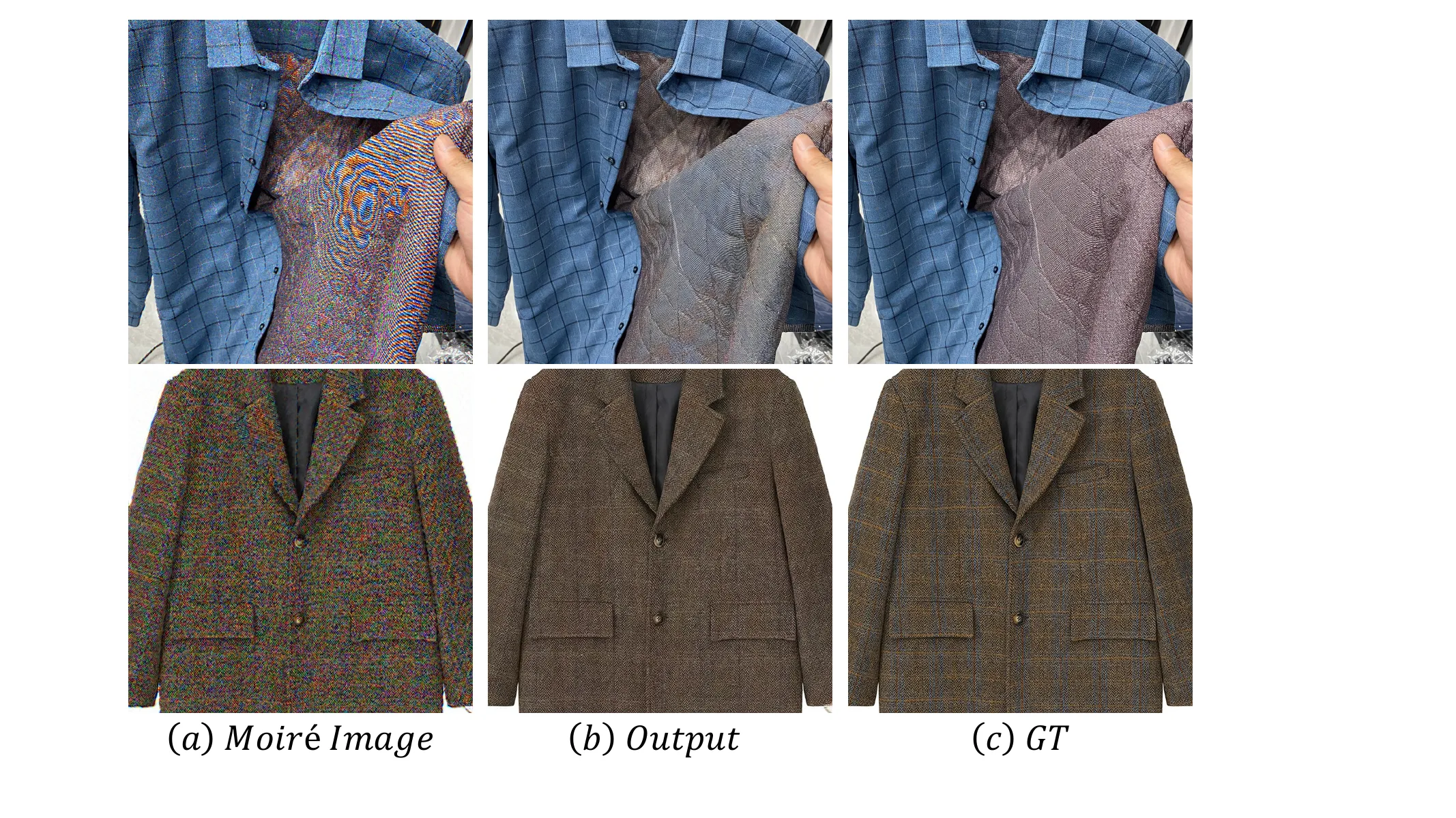 Failure cases where fabric texture and moire patterns are highly entangled.