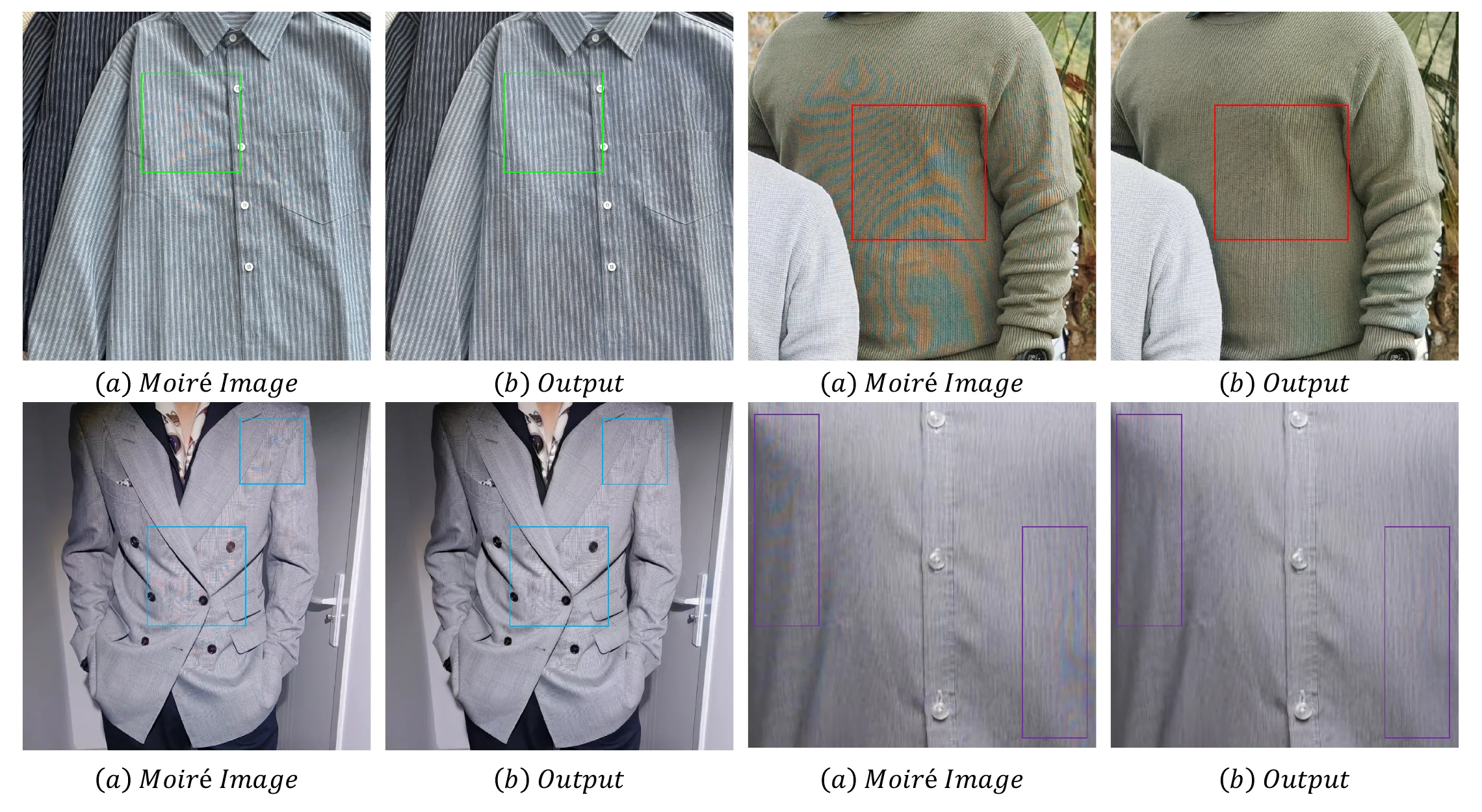 Qualitative real-world fabric demoireing results from models trained on PRISM.